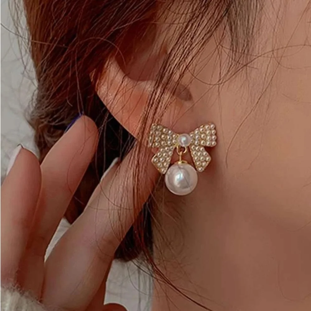 White Bow Coquette Faux Pearl Formal Prom Cocktail Earrings Wedding Jewelry